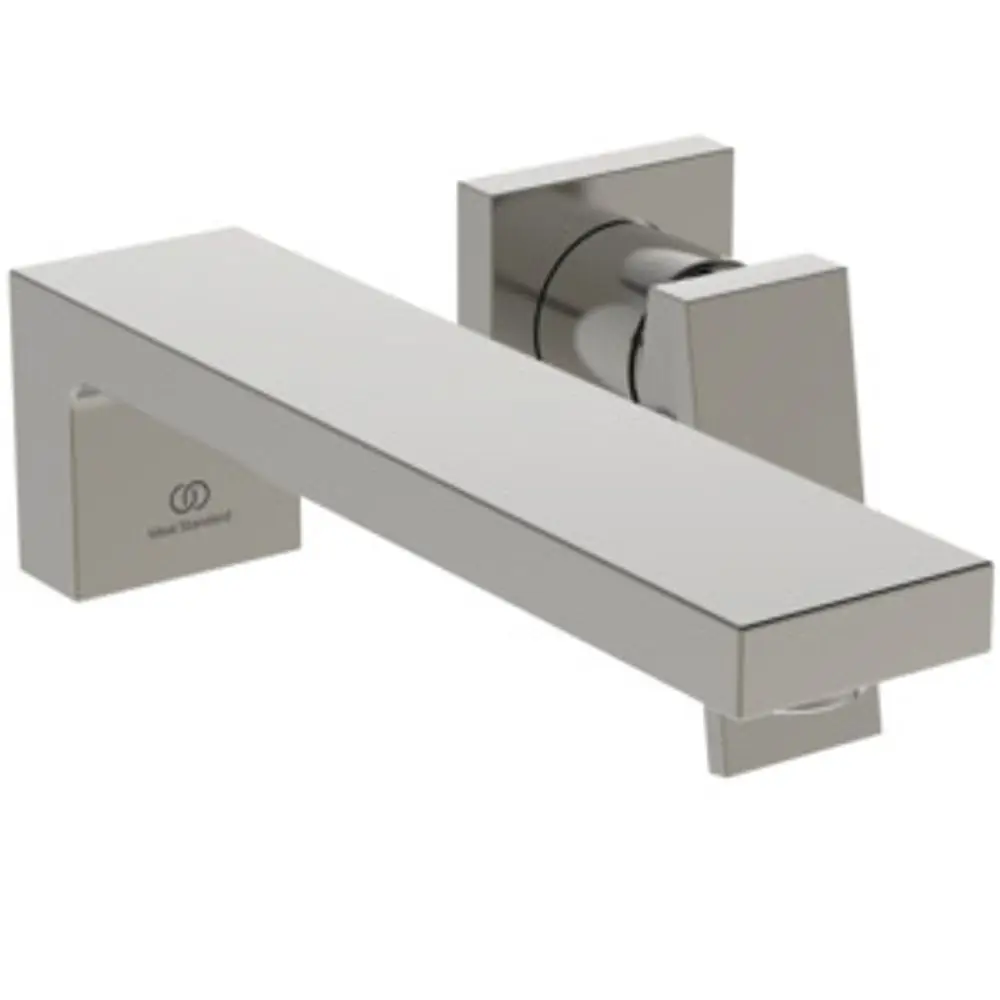 Wand-Waschbeckenarmatur in silberner Optik mit schmalem, rechteckigem Griff und Design von Ideal Standard. Minimalistisches Erscheinungsbild mit klaren Linien.